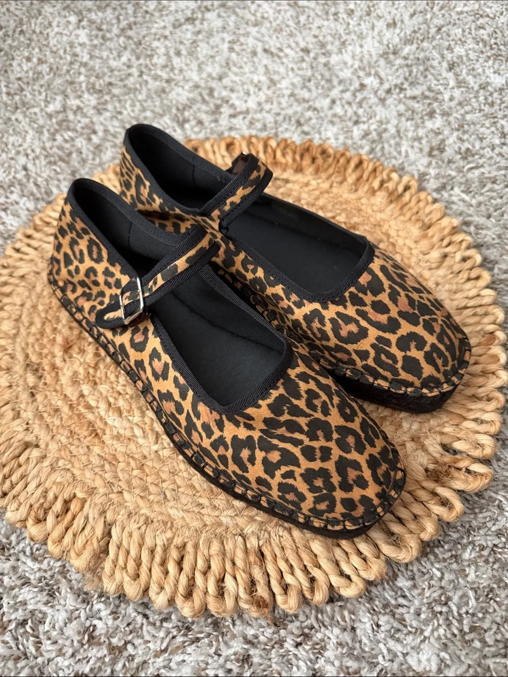 Maeve Leopard Print Mary Jane Espadrille Flats - Black & Tan